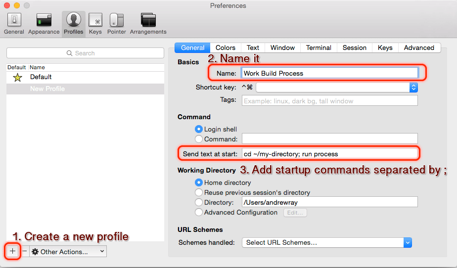 On iTerm2's profile editor page: 1. Create a new profile. 2. Name it. 3. Add startup commands separated by a semicolon