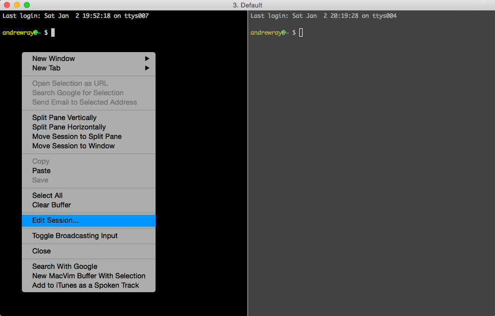 In iTerm2, right click on a shell and select "Edit Session..."