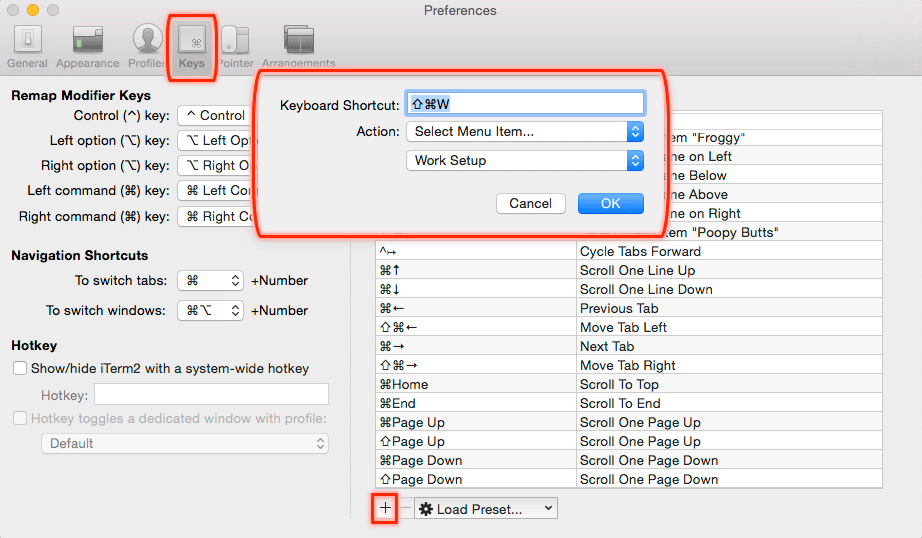 On the iTerm preferences pane, select "keys" on the top, then click "plus" to add a key binding, then set a shortcut.